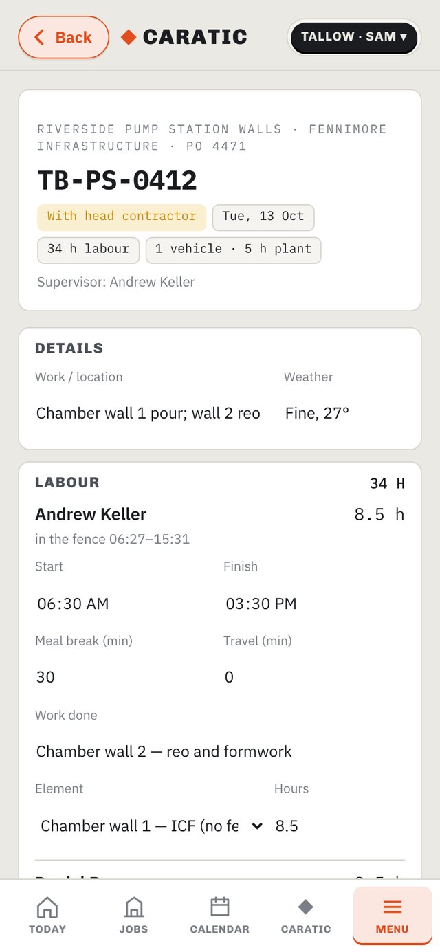 A day-labour docket with crew hours, vehicles and plant