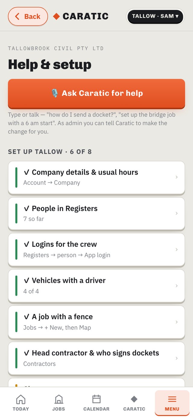 Help & setup — Ask Caratic, setup checklist, company setup form