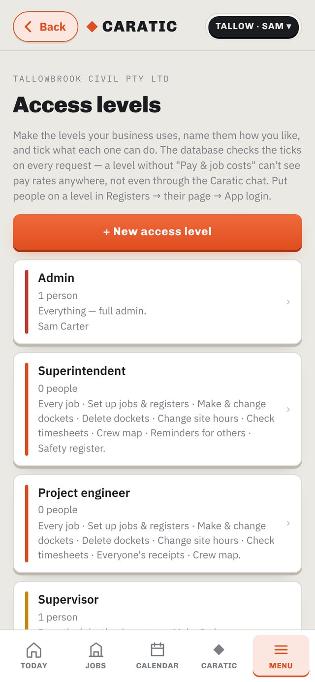 Access levels list with custom Leading hand and Office manager levels