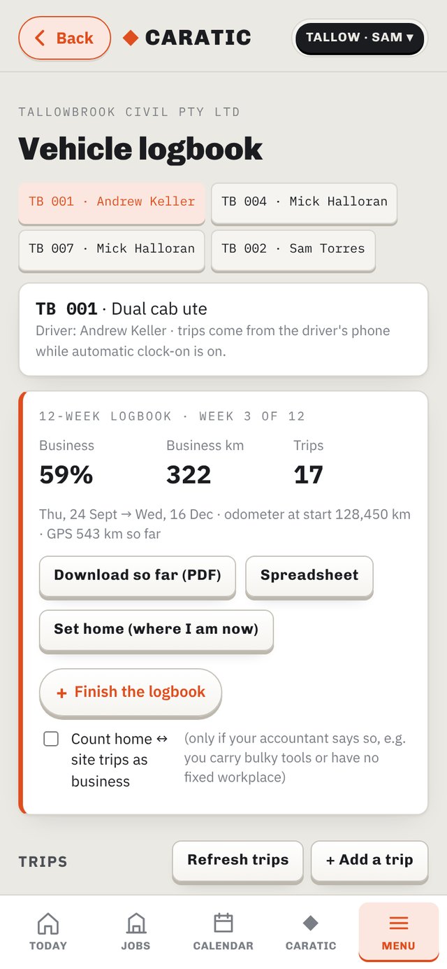 Vehicle logbook — 12-week ATO logbook with trips