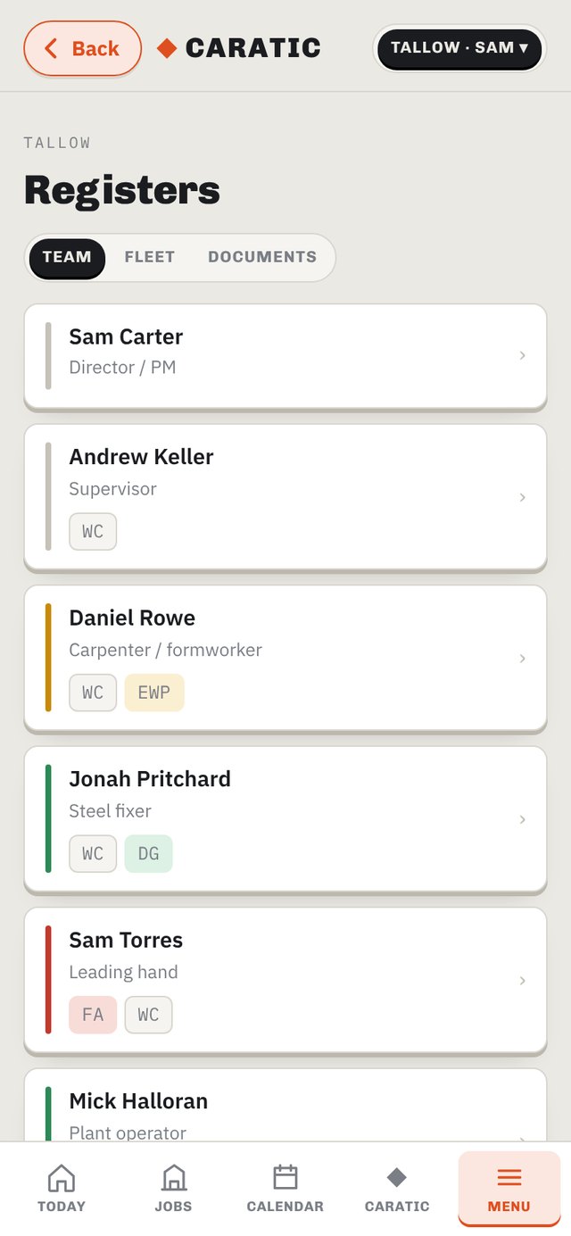 Registers — team, fleet, documents