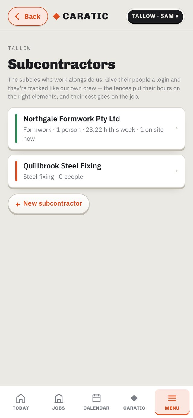 Subcontractors screen