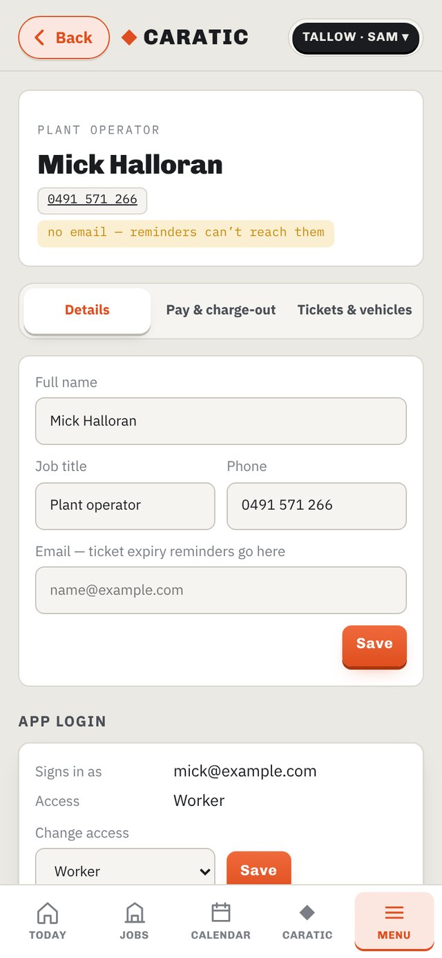 A worker's page with tickets and app login